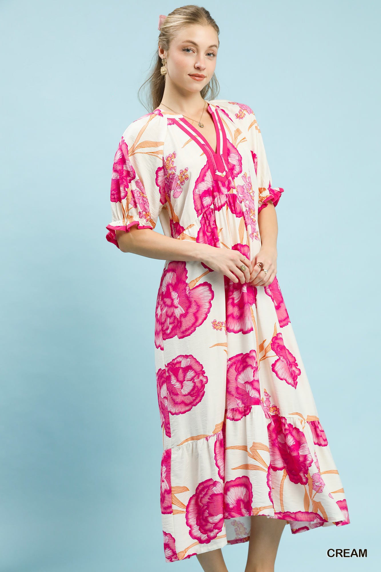 Umgee Floral Print Midi Dress with Contrast Trim - Trendsi | Lola Mariee