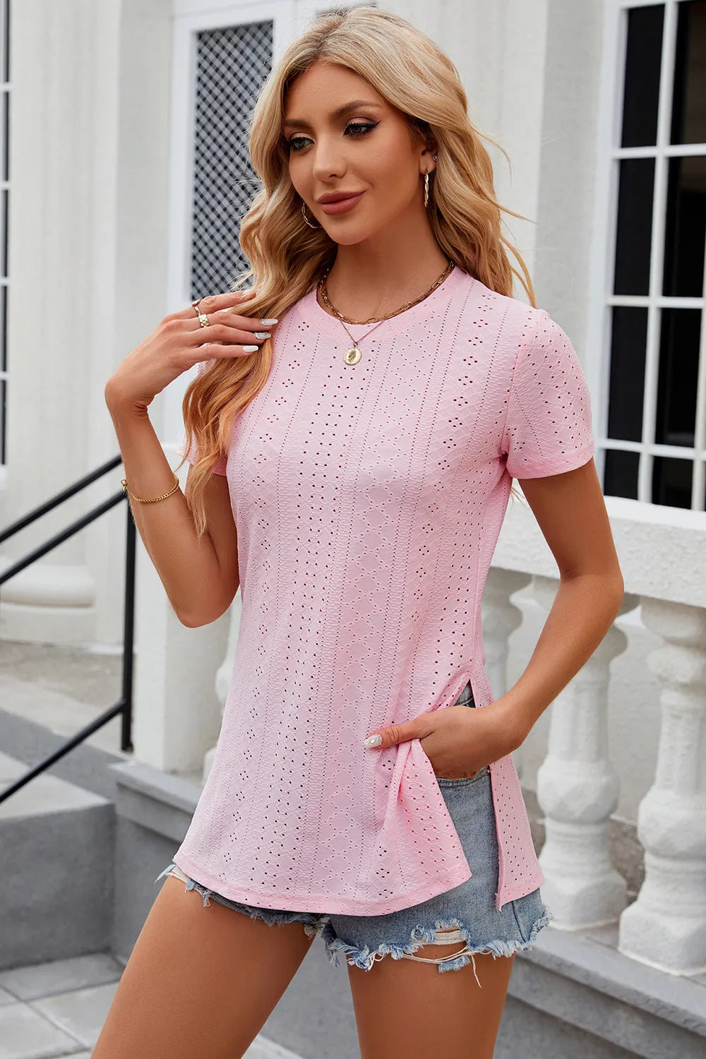 Eyelet Slit Round Neck Short Sleeve T-Shirt - Trendsi | Lola Mariee