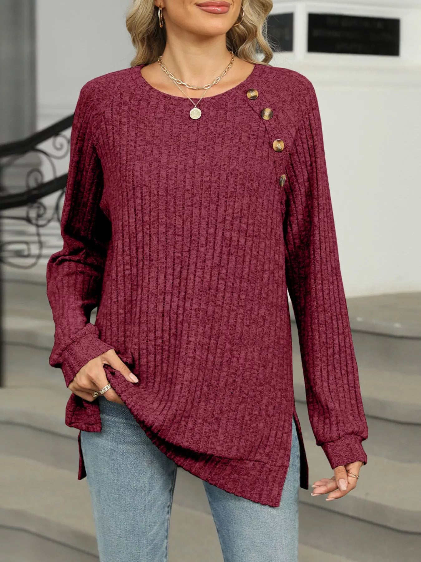 Round Neck Side Slit Ribbed Knit Top with Asymmetric Button Detail - Trendsi | Lola Mariee