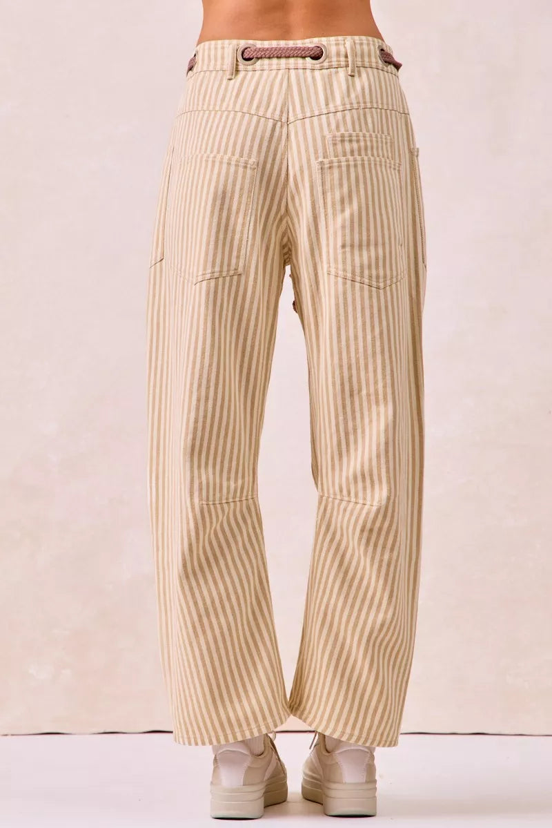 BiBi Drawstring Striped Twill Barrel Pants - Trendsi | Lola Mariee
