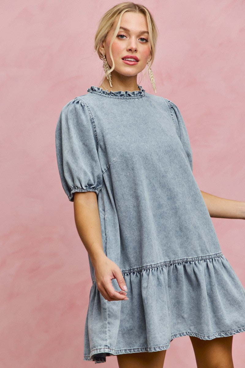 SO ME Denim Short Sleeves Mini Tiered Dress - Trendsi | Lola Mariee