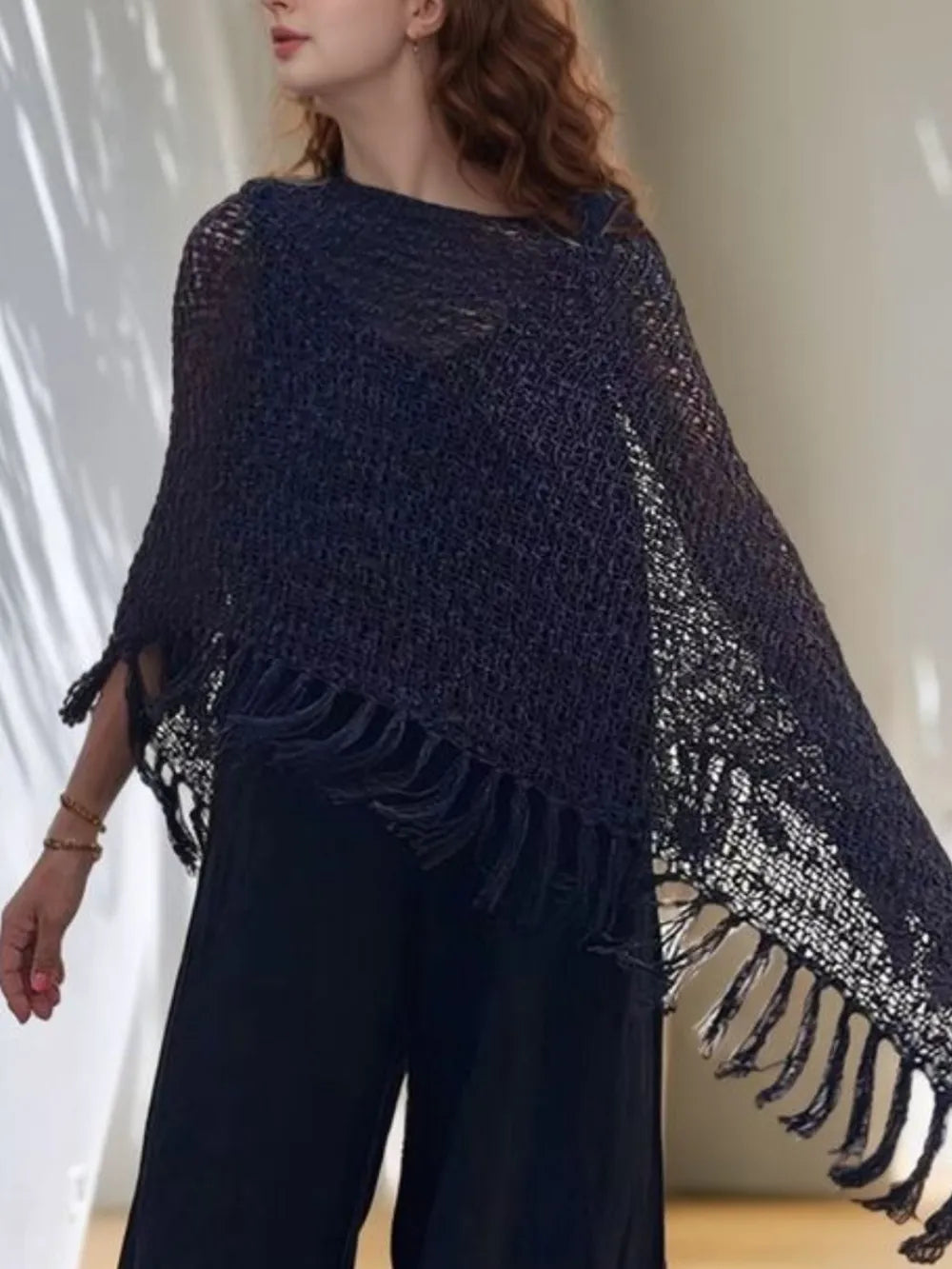 Tassel Boat Neck Knit Shawl – view 6 | Lola Mariee