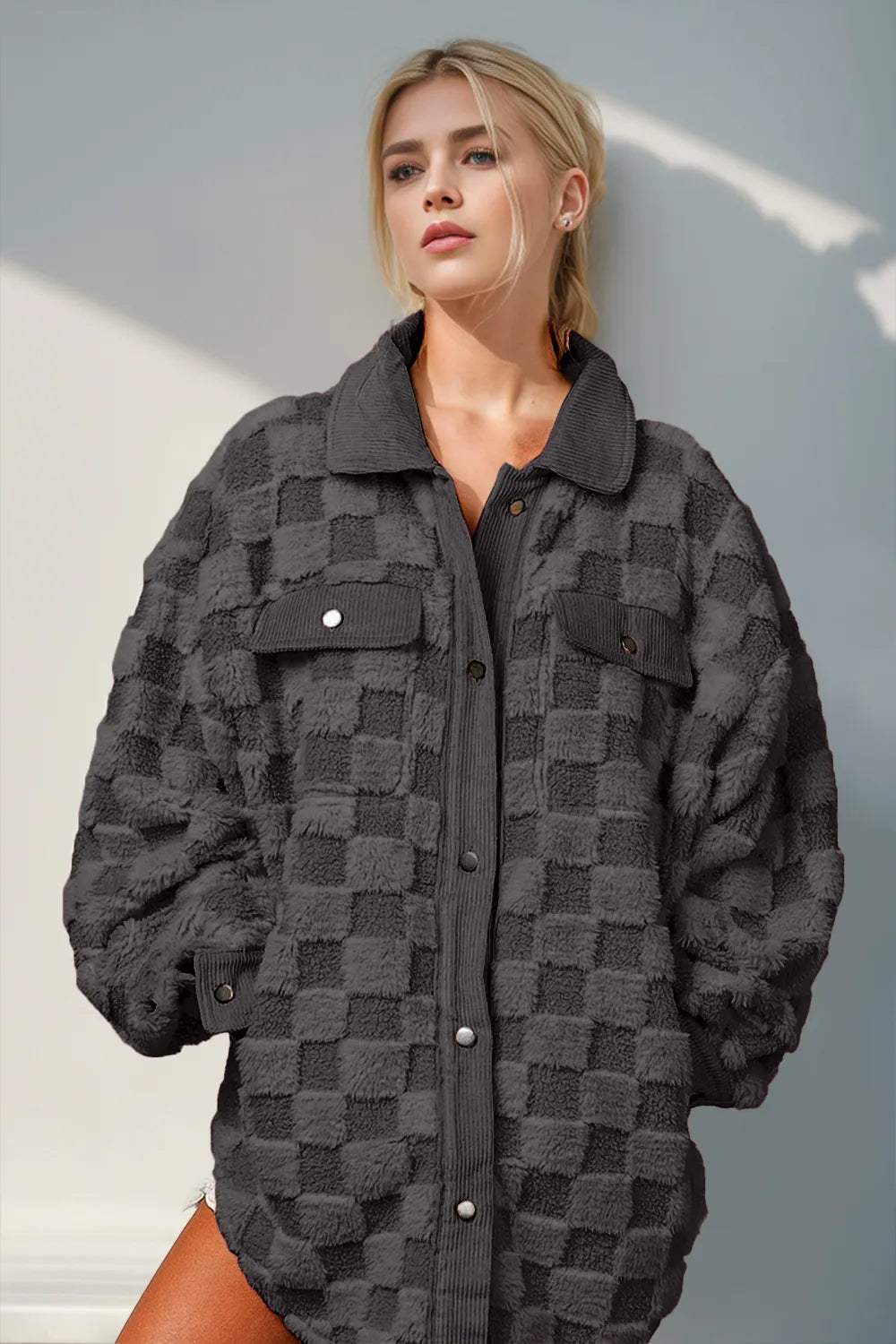 Double Take Button Up Fuzzy Checkered Shacket – view 5 | Lola Mariee
