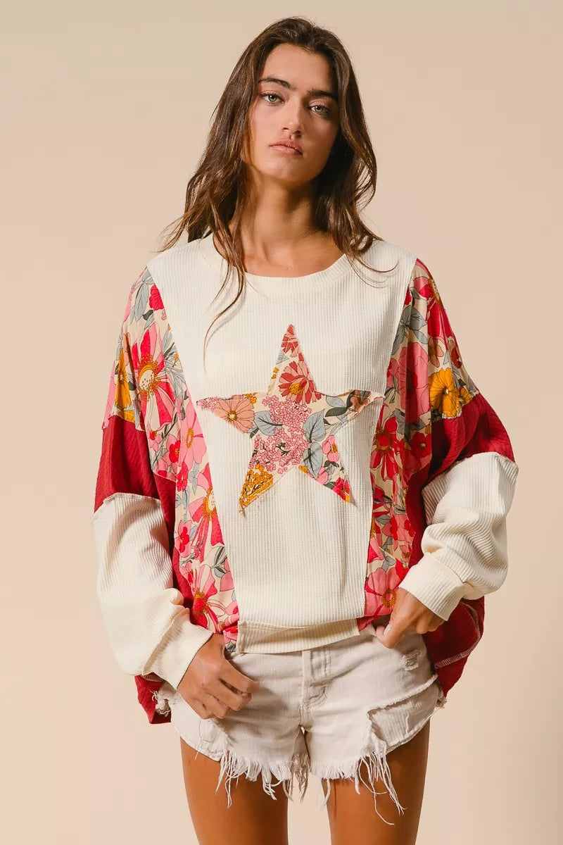 BiBi Floral Print Mixed Star Patch Round Neck Sweatshirt - Trendsi | Lola Mariee