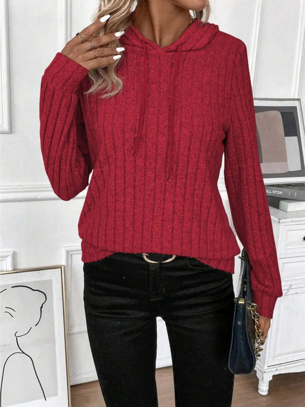 Drawstring Ribbed Long Sleeve Hoodie - Trendsi | Lola Mariee