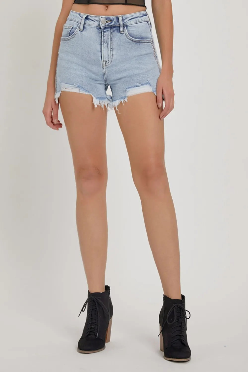 RISEN Full Size High Rise Rhinestone Strap Embellished Denim Shorts - women's bottoms at Lola Mariee boutique