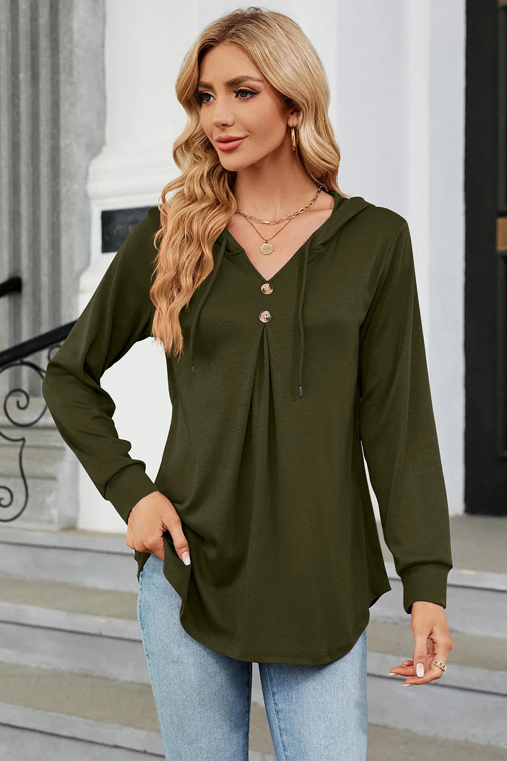 Decorative Button Drawstring Long Sleeve Hoodie - Trendsi | Lola Mariee