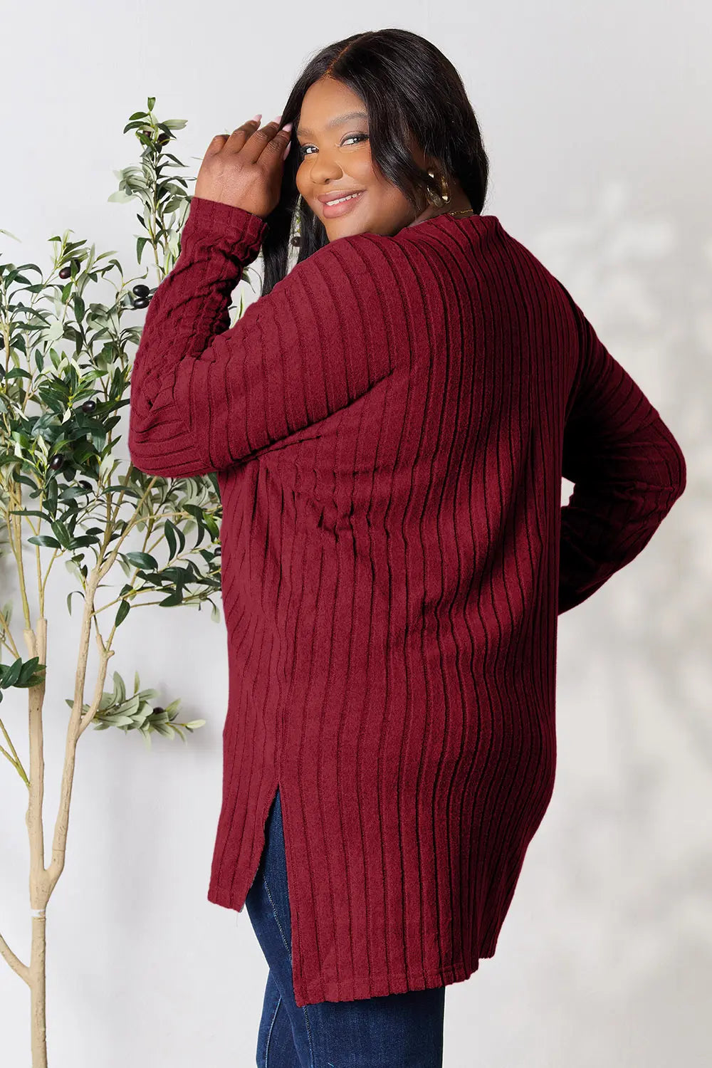 Basic Bae Full Size Ribbed Round Neck Long Sleeve Slit Top – view 8 | Lola Mariee