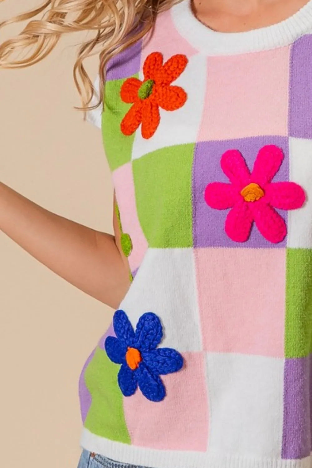 BiBi Flower Patch Checkered Sweater Vest - Trendsi | Lola Mariee