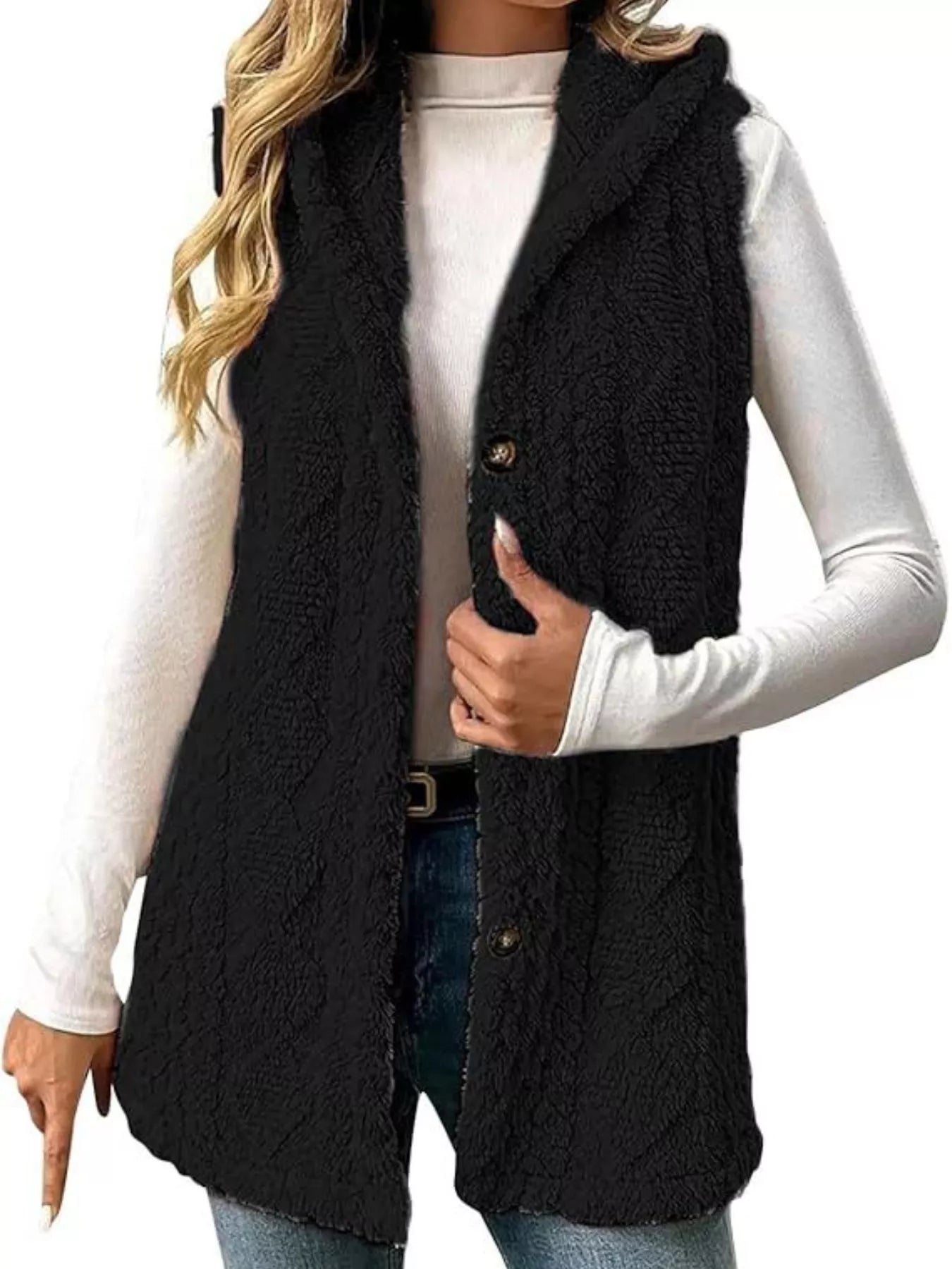 Button-Down Sherpa Hooded Vest Coat – view 10 | Lola Mariee