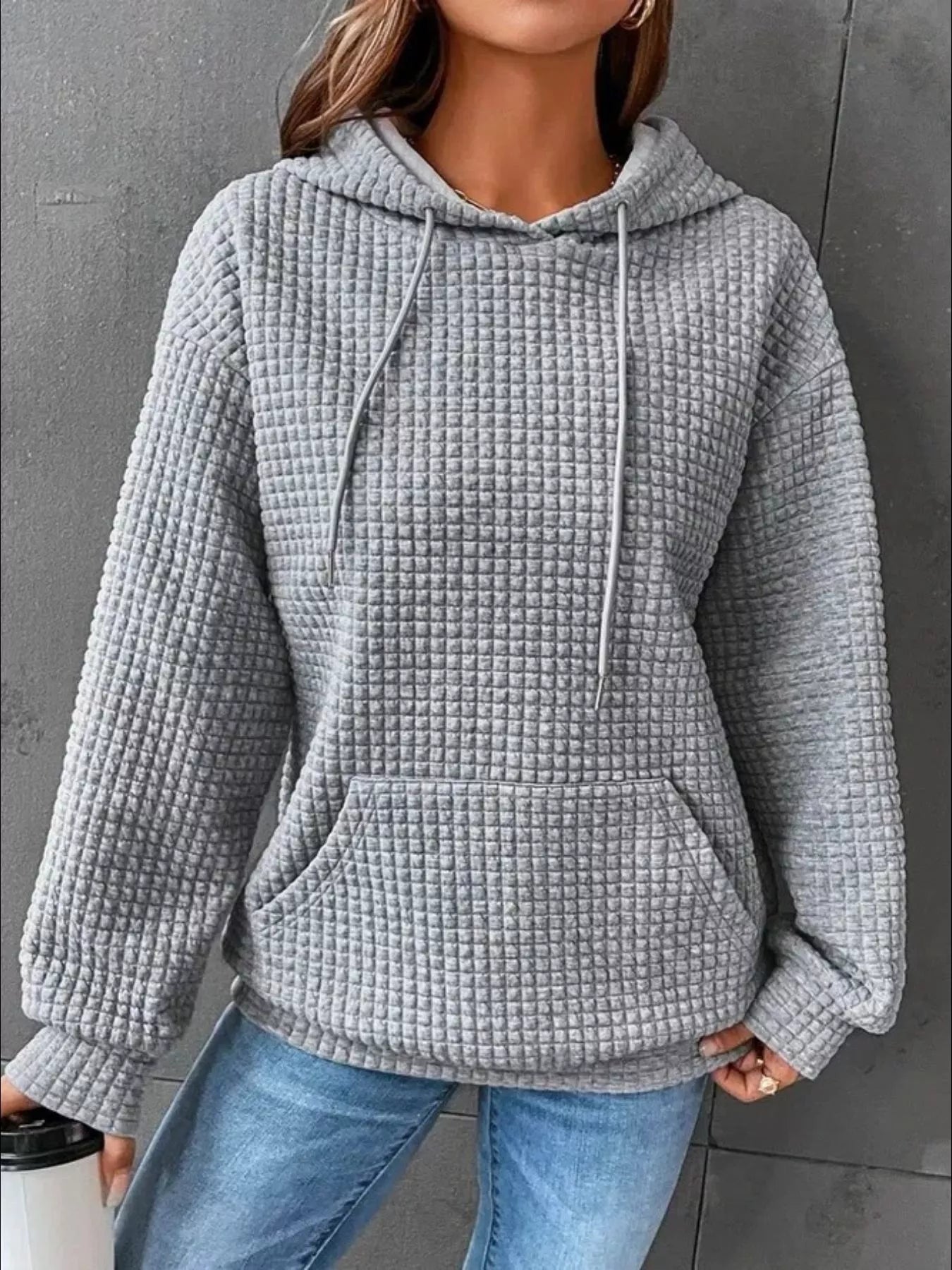 Waffle Knit Hoodie with Drawstring Details – view 4 | Lola Mariee