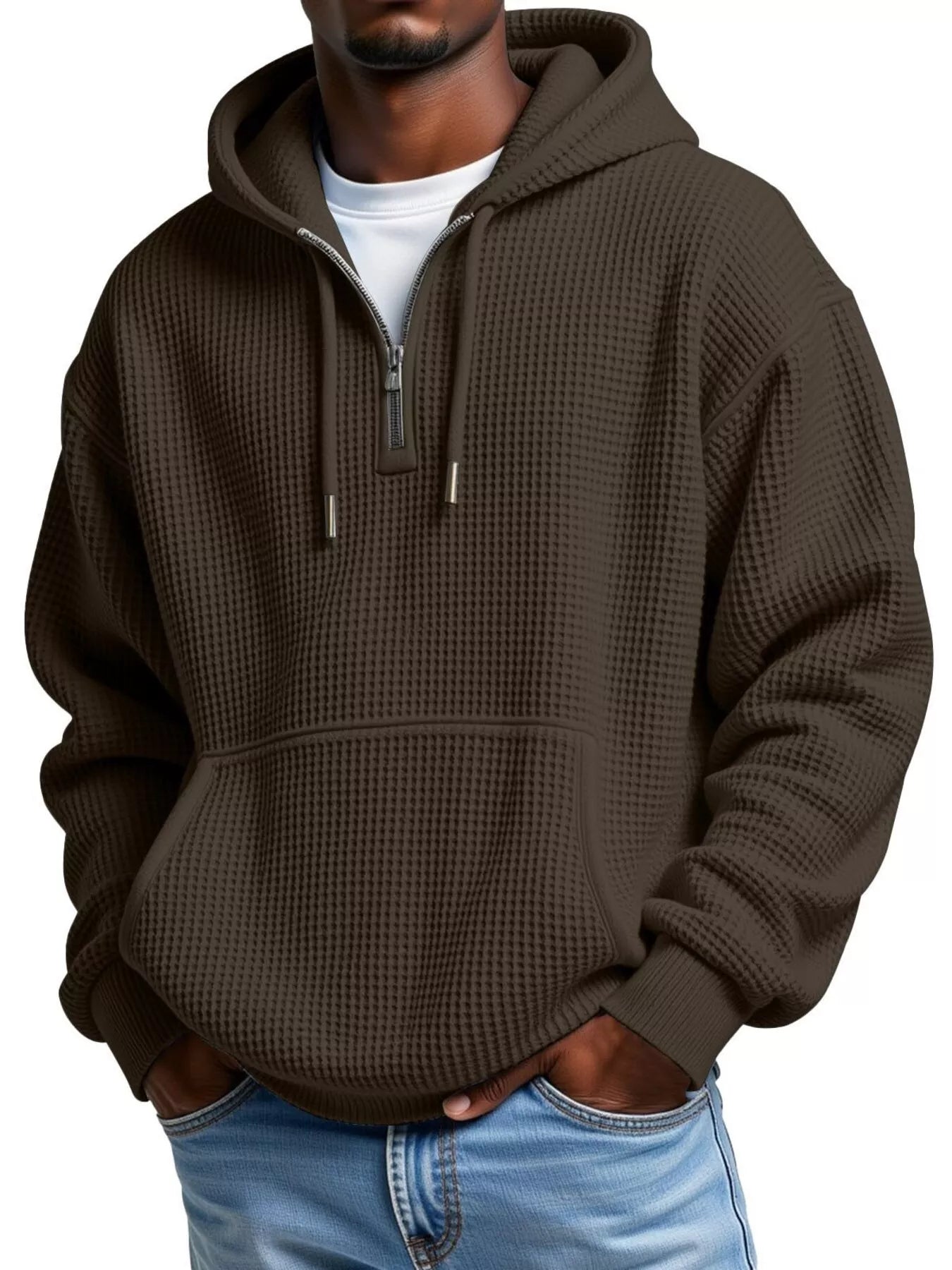 Men's Full Size Textured Waffle Knit Half-Zip Hoodie Plus Size – view 3 | Lola Mariee