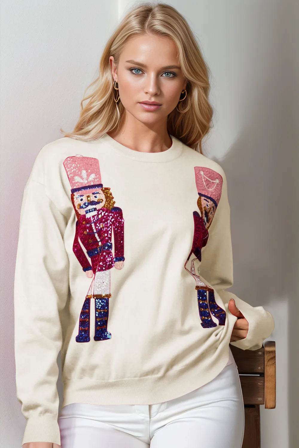 Double Take Full Size Nutcracker Sequin Long Sleeve Sweater – view 5 | Lola Mariee