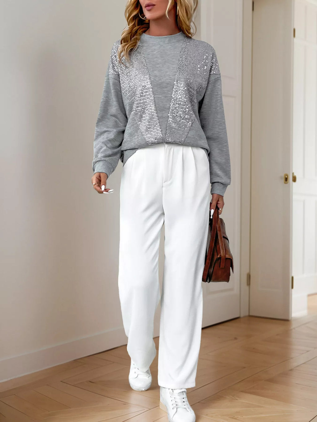 Sequin Round Neck Dropped Shoulder Sweatshirt - Trendsi | Lola Mariee