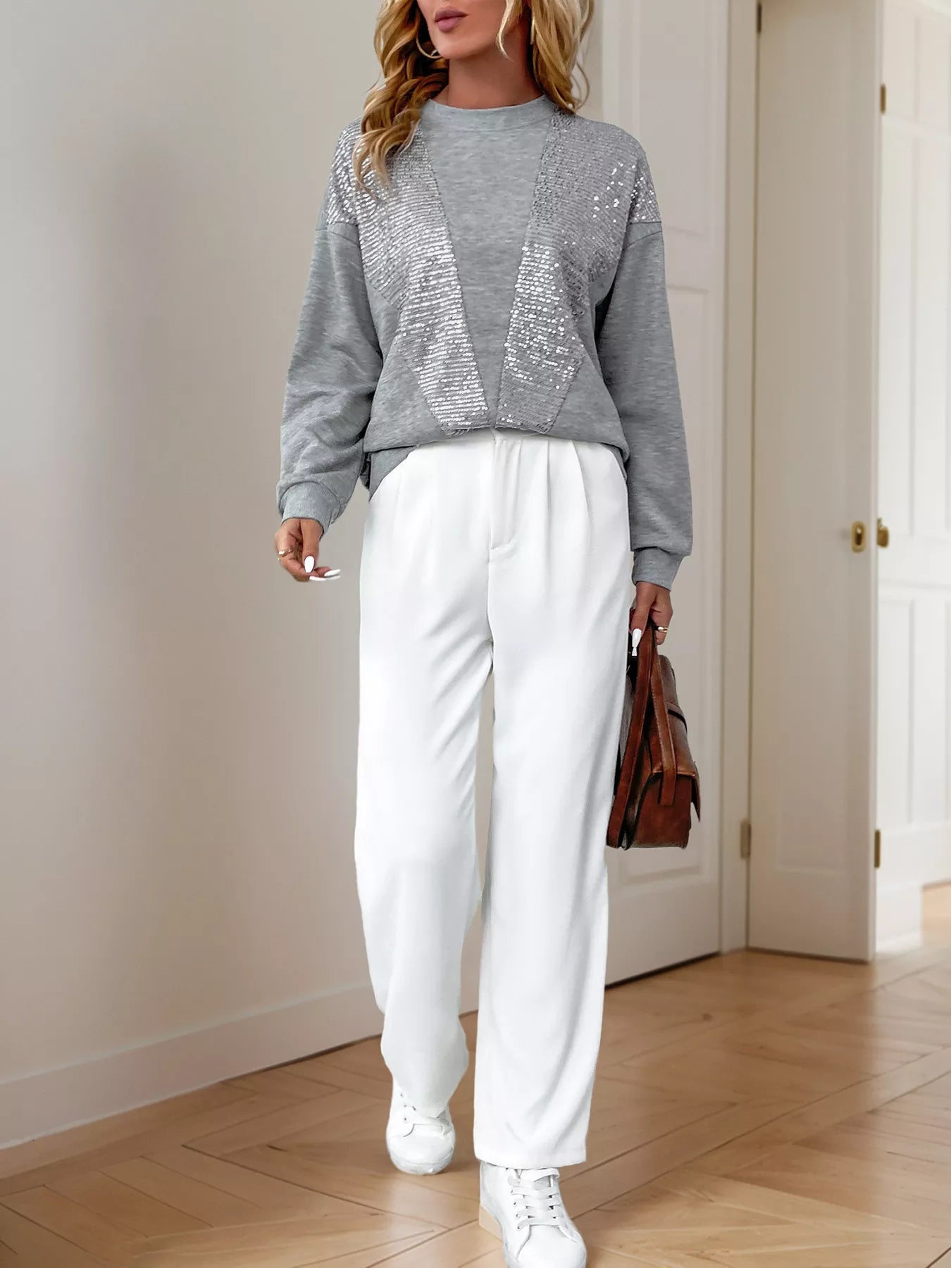 Sequin Round Neck Dropped Shoulder Sweatshirt - Trendsi | Lola Mariee