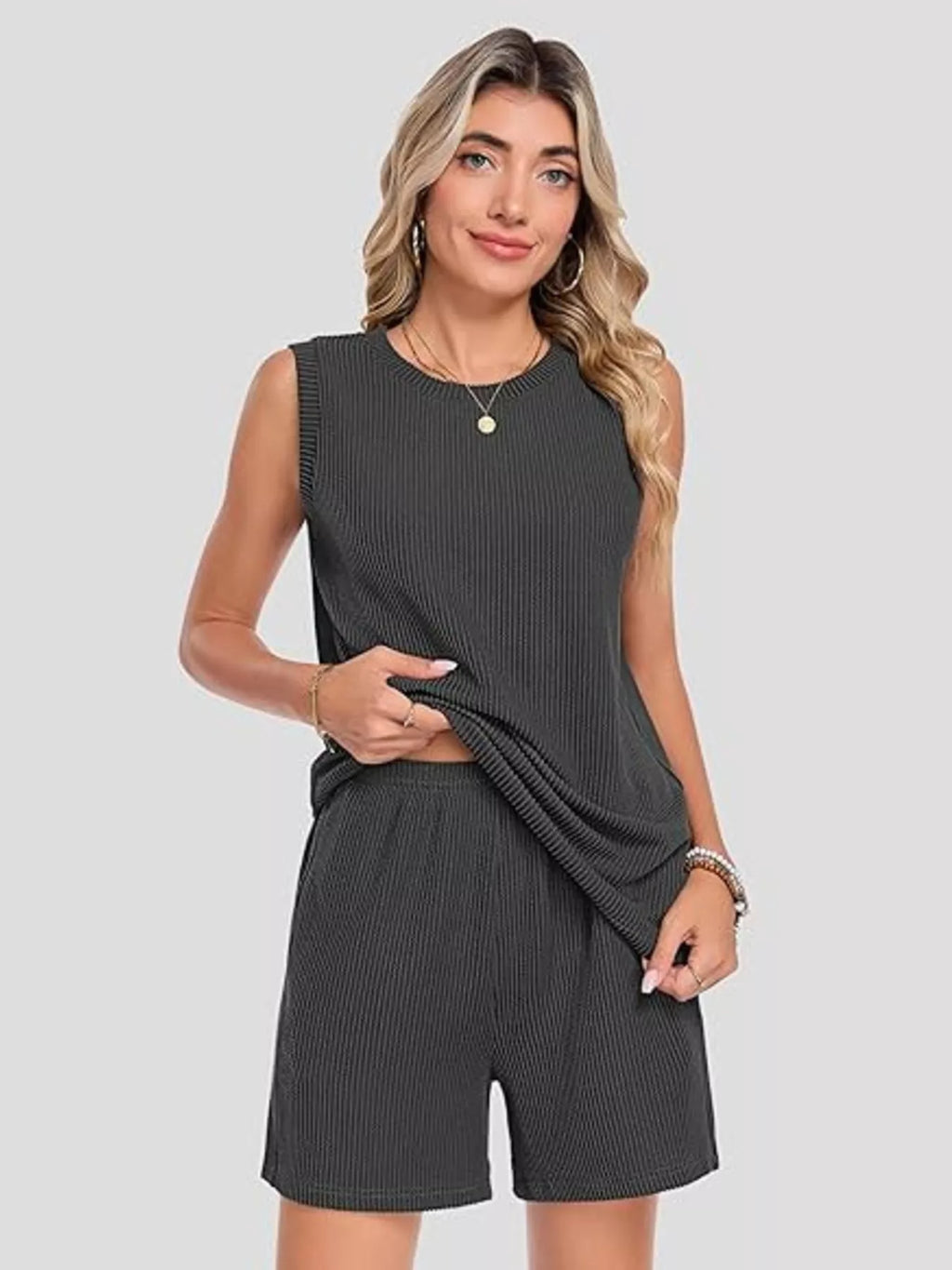 Casual Ribbed Knit Sleeveless Top and Shorts Set - Trendsi | Lola Mariee