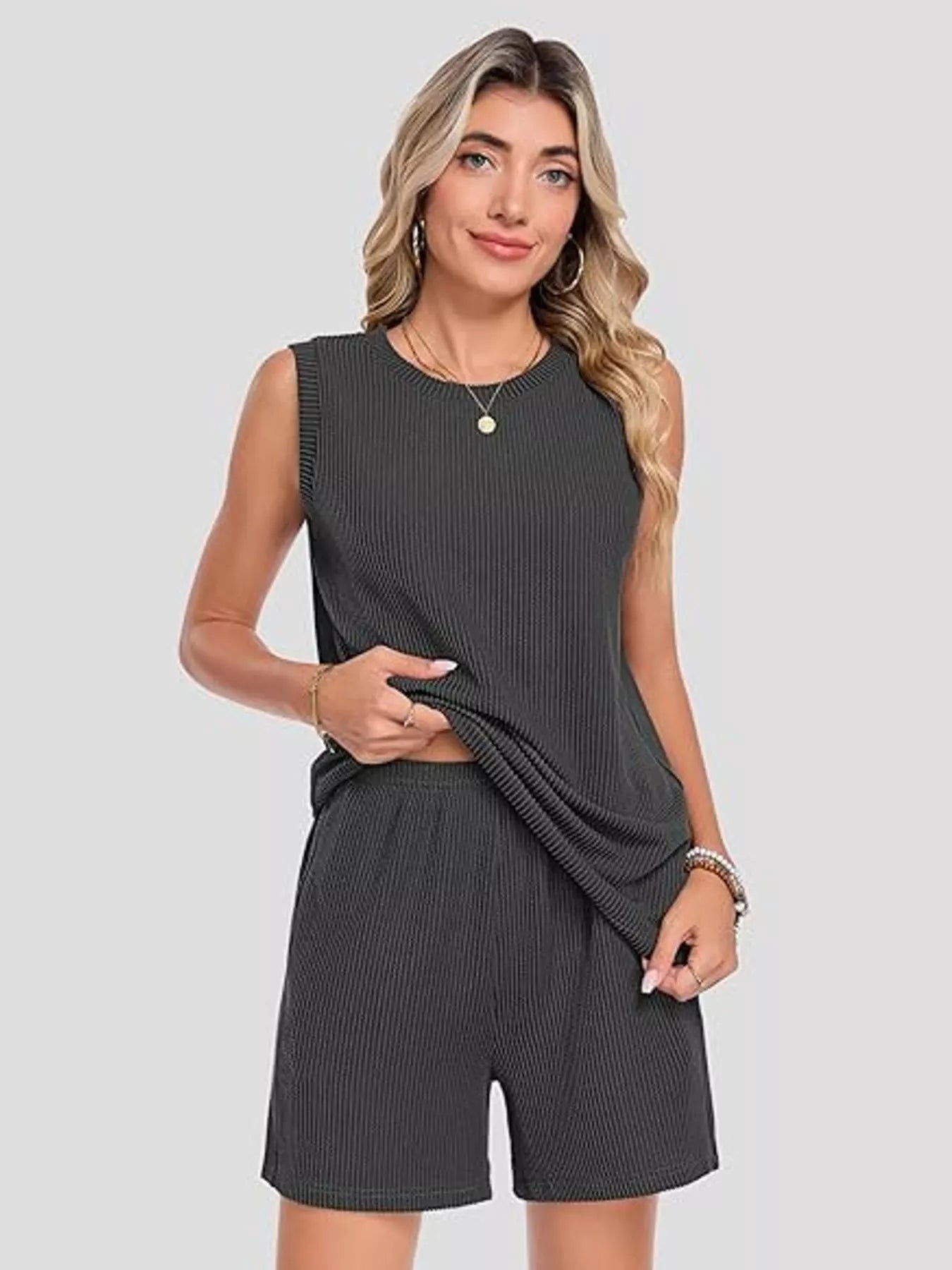 Casual Ribbed Knit Sleeveless Top and Shorts Set - Trendsi | Lola Mariee