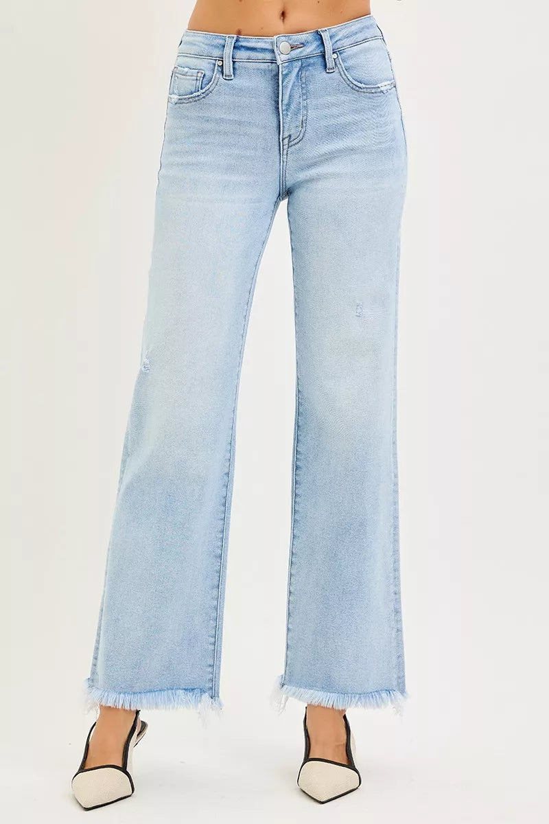 RISEN Tummy Control Mid Rise Ankle Straight Fray Hem Jeans - women's bottoms at Lola Mariee boutique