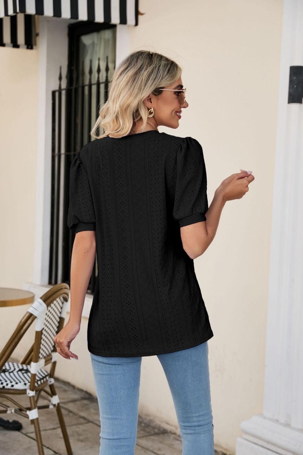 Eyelet Puff Sleeve V-Neck Top - Trendsi | Lola Mariee