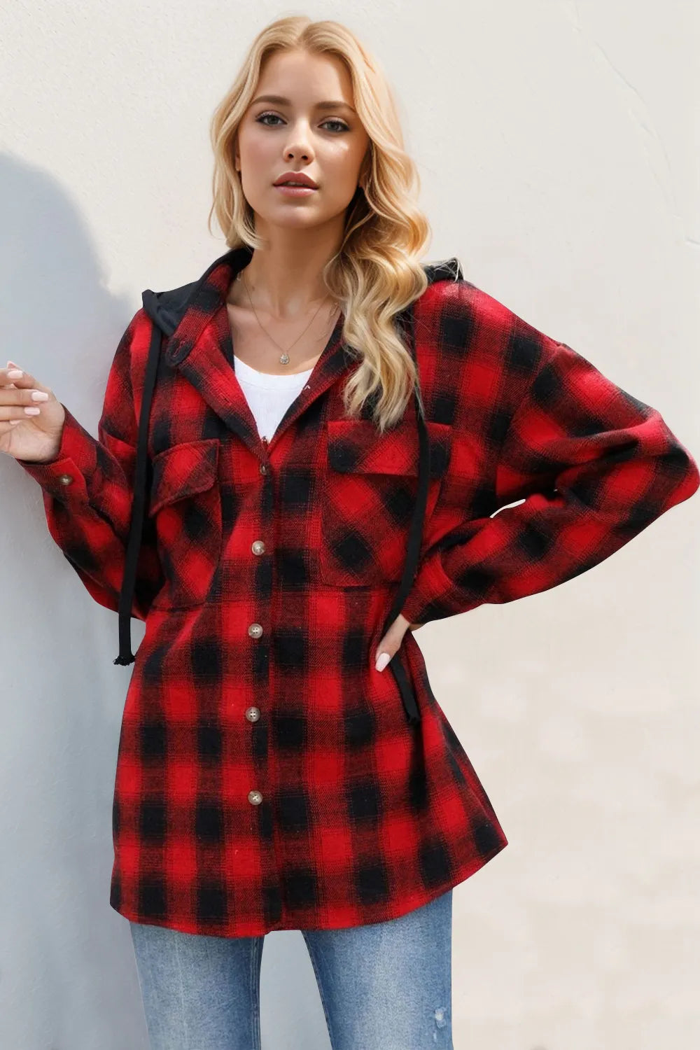 Double Take Drawstring Plaid Long Sleeve Hooded Shacket – view 4 | Lola Mariee