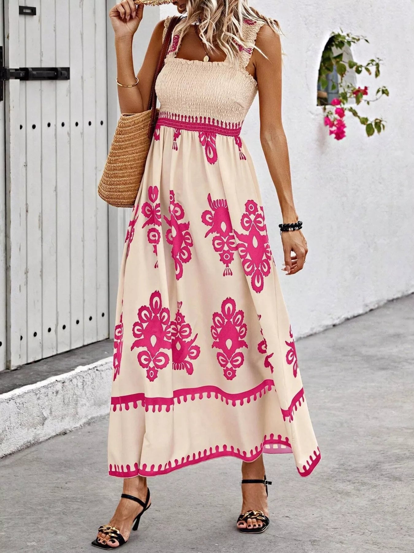 Smocked Printed Square Neck Maxi Dress – view 5 | Lola Mariee