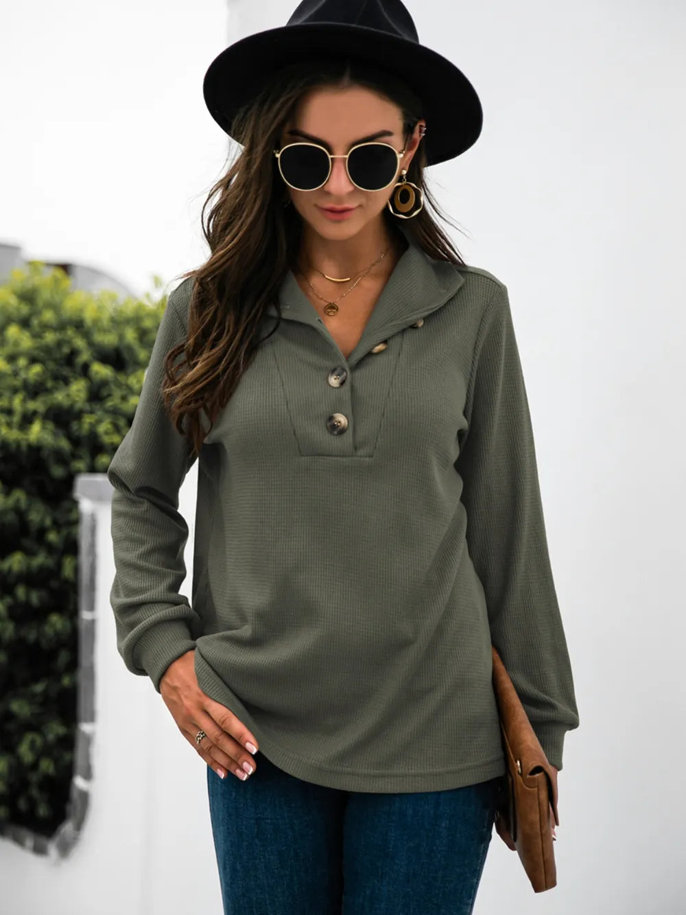 Half Button Long Sleeve T-Shirt - Trendsi | Lola Mariee