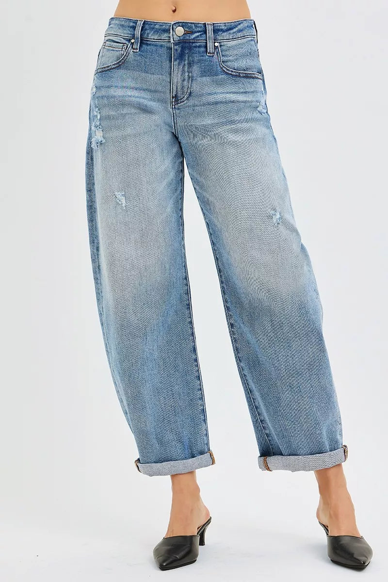 RISEN Full Size Slouchy Ankle Length Barrel Jeans with Cuffs Plus Size - women's bottoms at Lola Mariee boutique