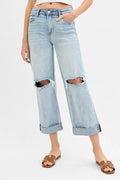 RISEN Full Size Mid Rise Fit Boyfriend Jeans with Cuff Plus Size - women's bottoms at Lola Mariee boutique