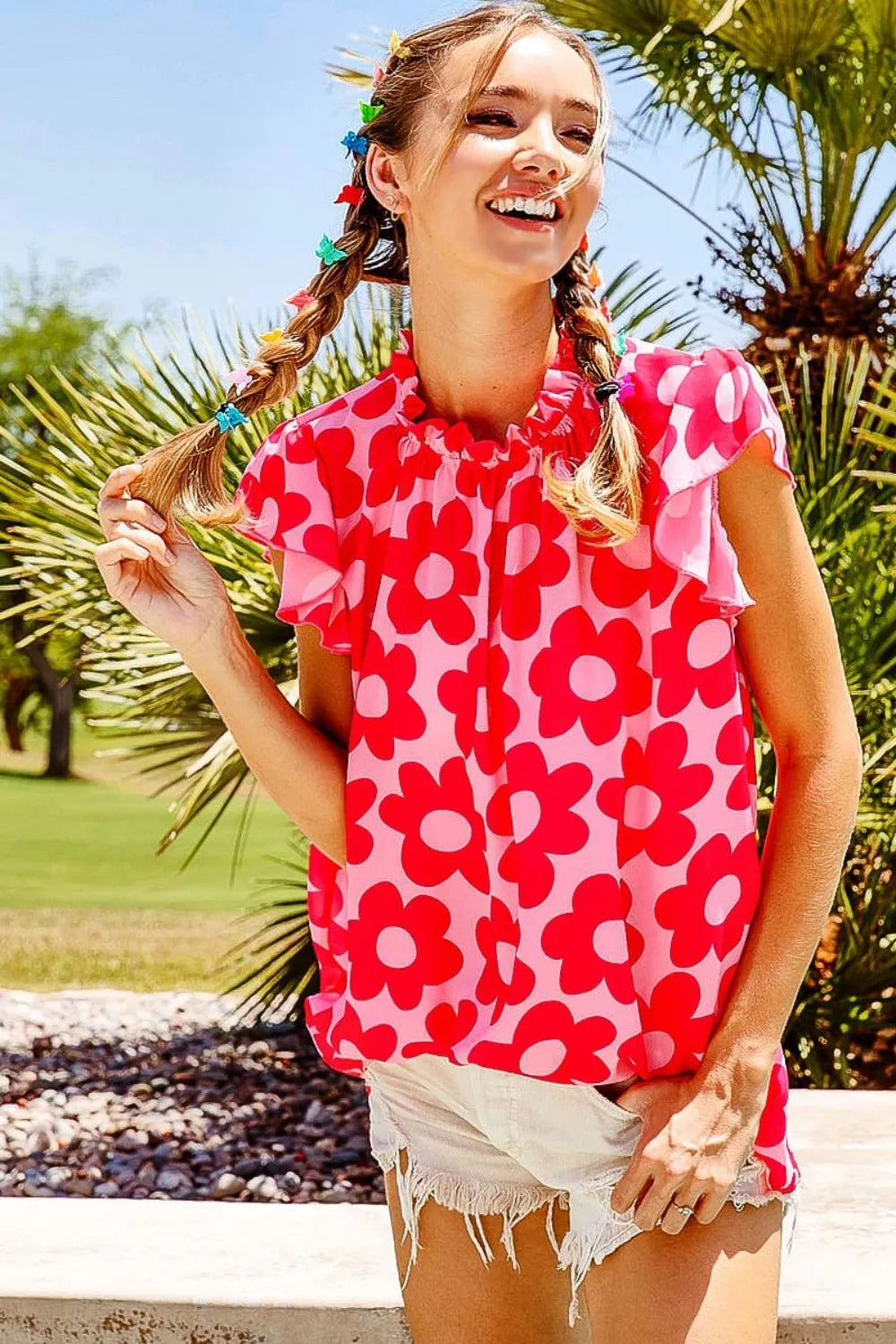 BiBi Floral Contrast Ruffled Top - Trendsi | Lola Mariee