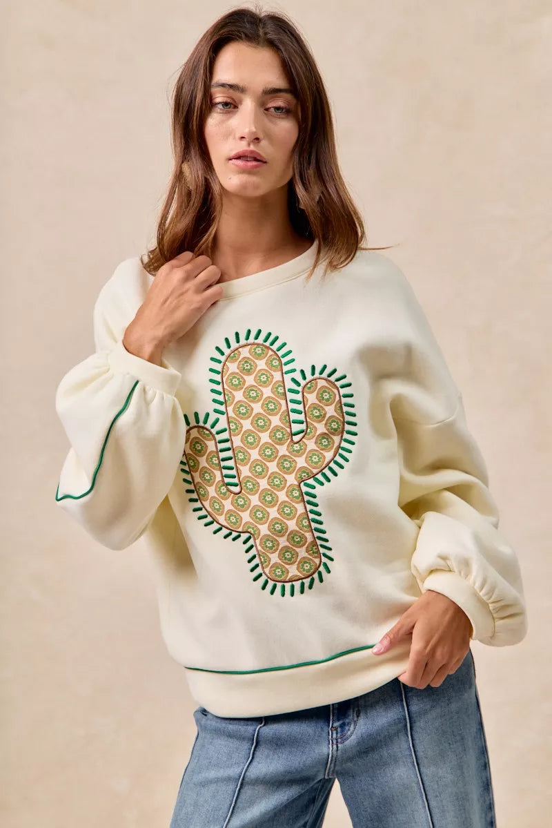 BiBi Cactus Embroidered Fleece Sweatshirt - Trendsi | Lola Mariee