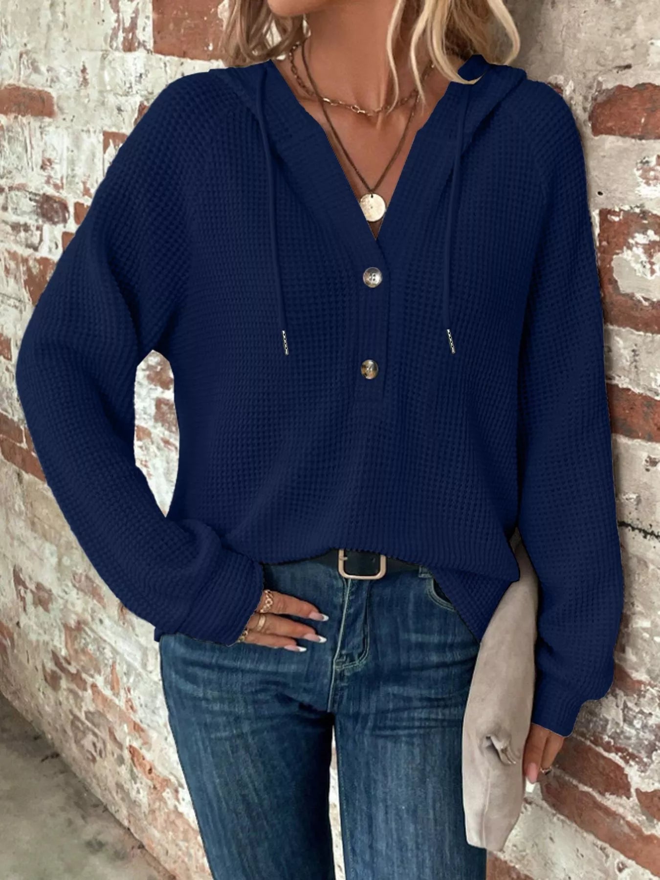 Waffle Knit Button Detail Hoodie – view 9 | Lola Mariee