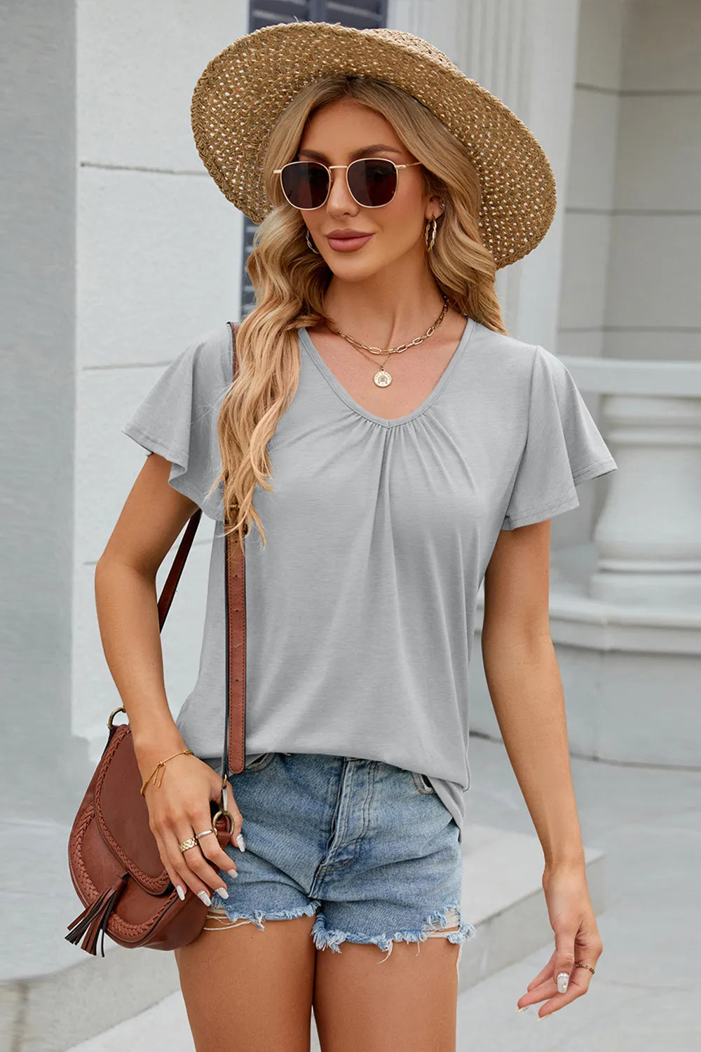 V-Neck Short Sleeve T-Shirt - Trendsi | Lola Mariee