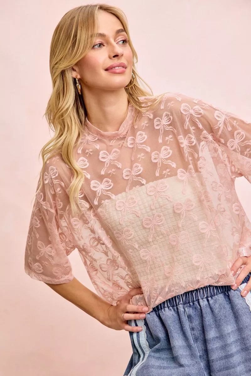 BiBi Bow Pattern Short Sleeves Boxy Mesh Top - Trendsi | Lola Mariee