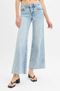 RISEN Full Size Tummy Control Low Rise Wide Leg Raw Cut Hem Jeans Plus Size - women's bottoms at Lola Mariee boutique