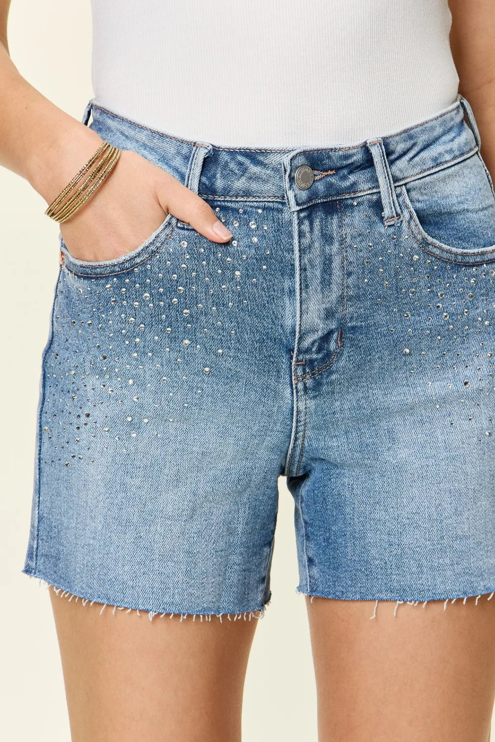 Judy Blue Full Size High Waist Rhinestone Decor Denim Shorts - women's bottoms at Lola Mariee boutique