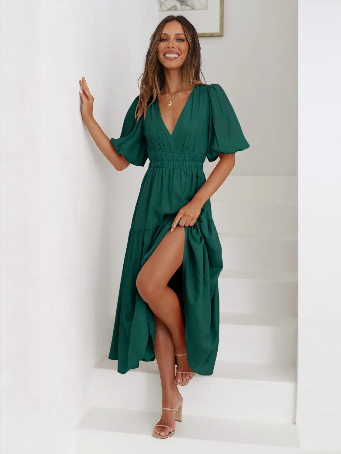 Tiered Surplice Half Sleeve Midi Dress – view 6 | Lola Mariee