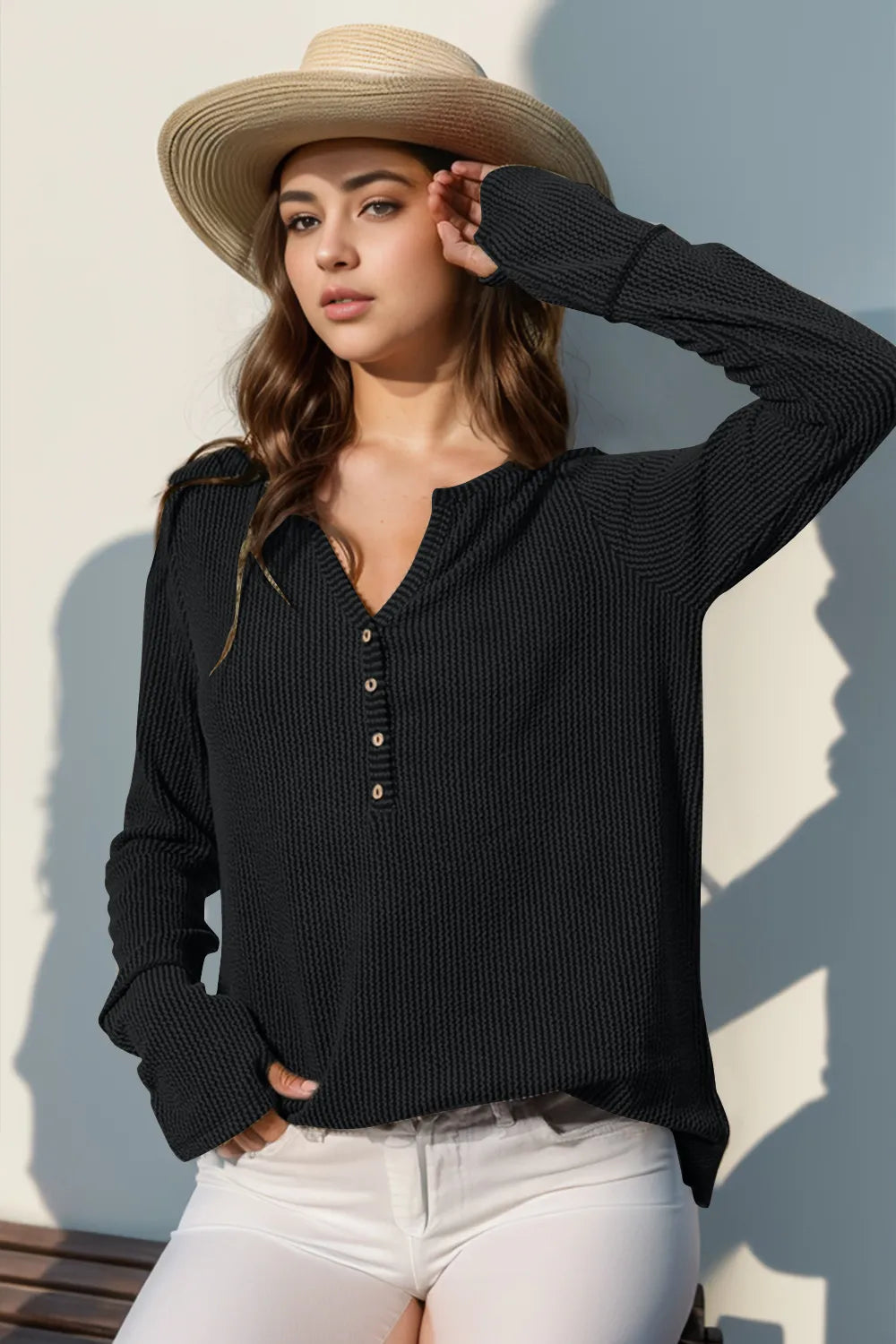 Double Take Full Size Notched Thumbhole Long Sleeve T-Shirt – view 5 | Lola Mariee