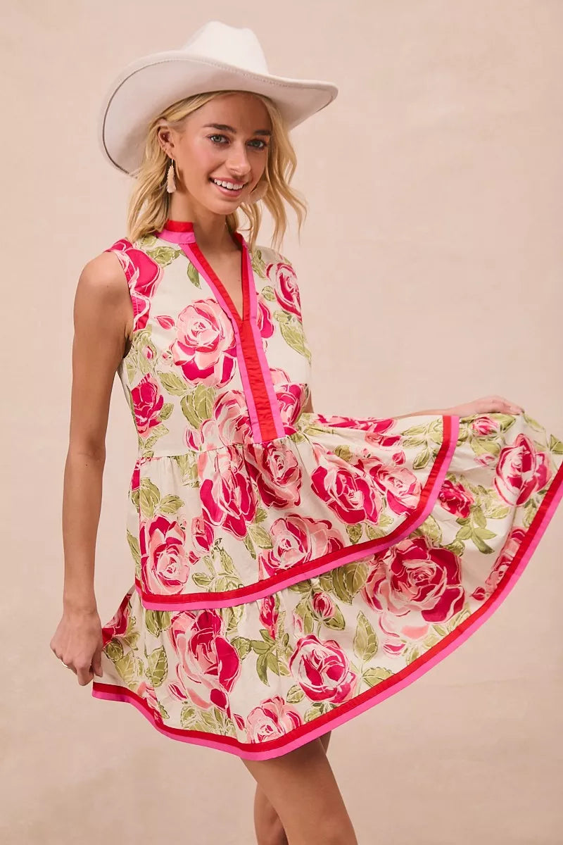 BiBi Floral Woven Contrast Edge Tiered Ruffle Mini Dress – view 3 | Lola Mariee
