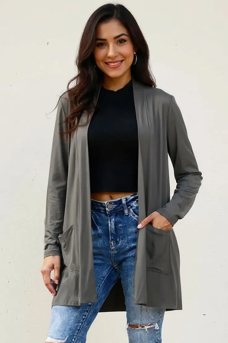 Basic Bae Full Size Open Front Long Sleeve Cardigan with Pockets | Lola Mariee