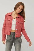 RISEN Full Size Raw Hem Button Up Cropped Denim Jacket Plus Size - women's top at Lola Mariee boutique