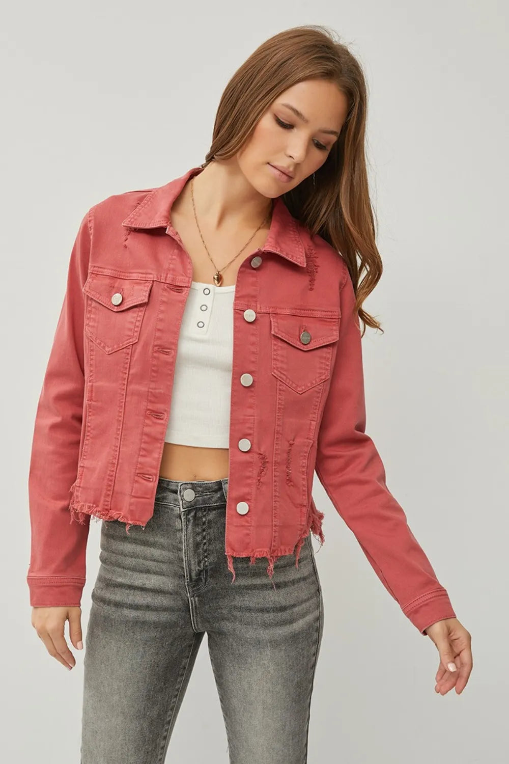 RISEN Full Size Raw Hem Button Up Cropped Denim Jacket Plus Size - women's top at Lola Mariee boutique