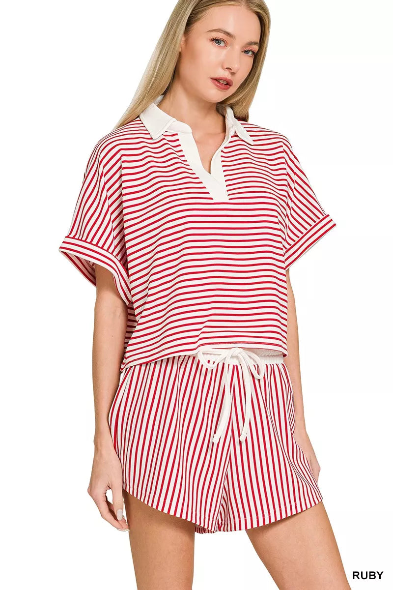 Zenana Striped Collared Top & Shorts Set - women's top at Lola Mariee boutique