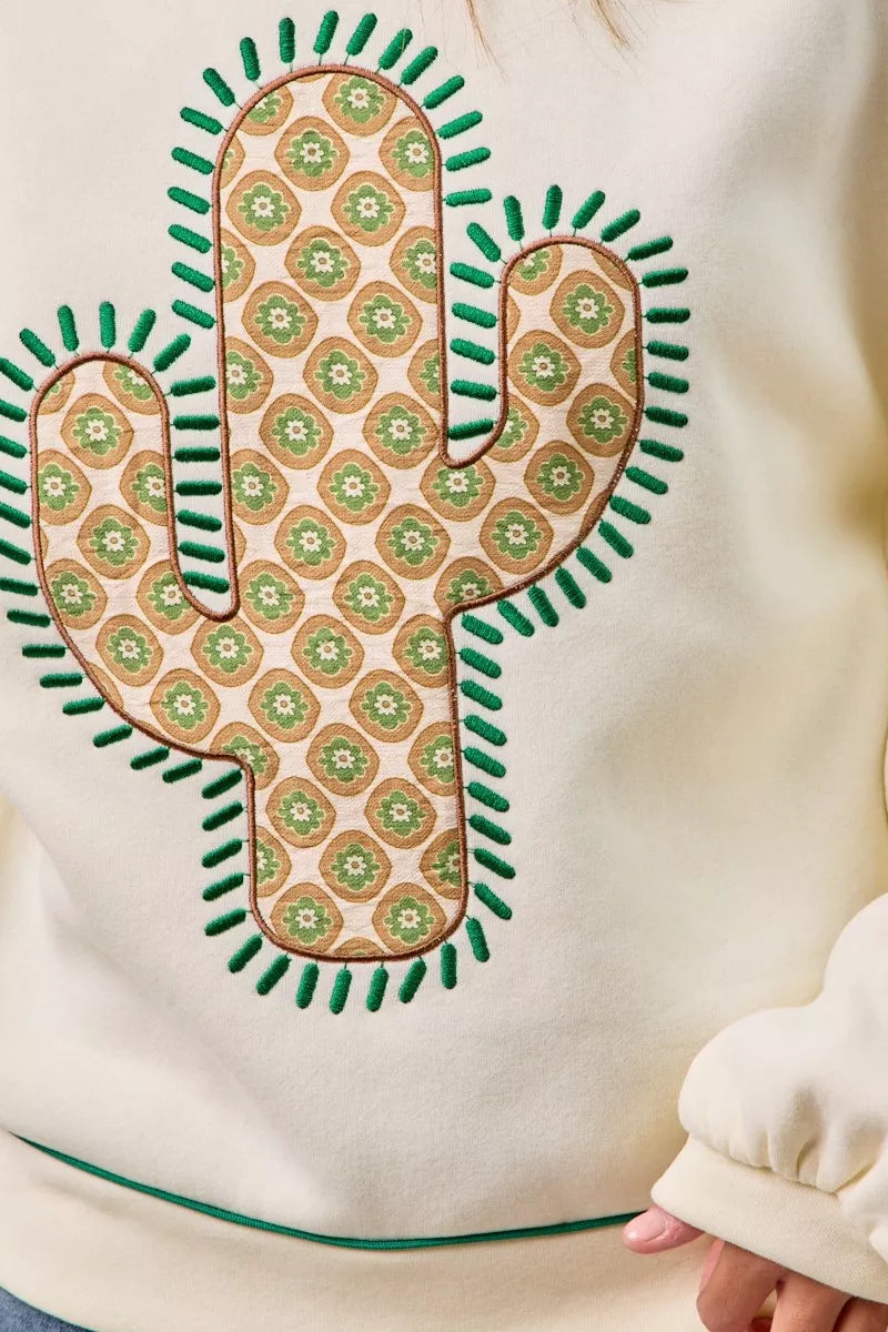 BiBi Cactus Embroidered Fleece Sweatshirt - Trendsi | Lola Mariee