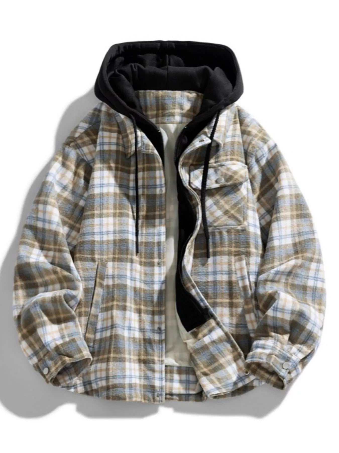 Men's Plus Size Drawstring Hooded Plaid Shirt Jacket - women's top at Lola Mariee boutique