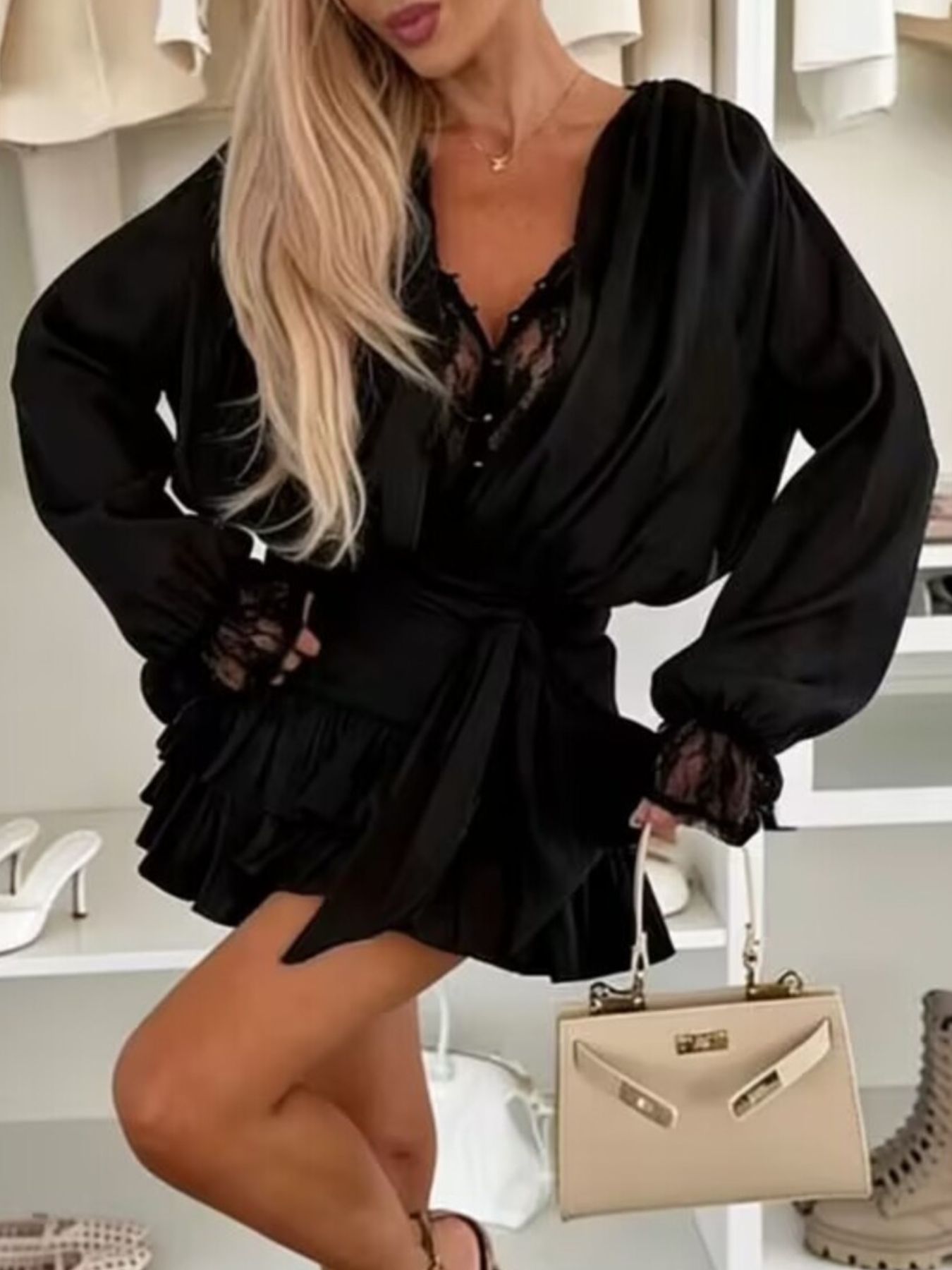Lace Long Sleeve Dress with Short Liner – view 6 | Lola Mariee