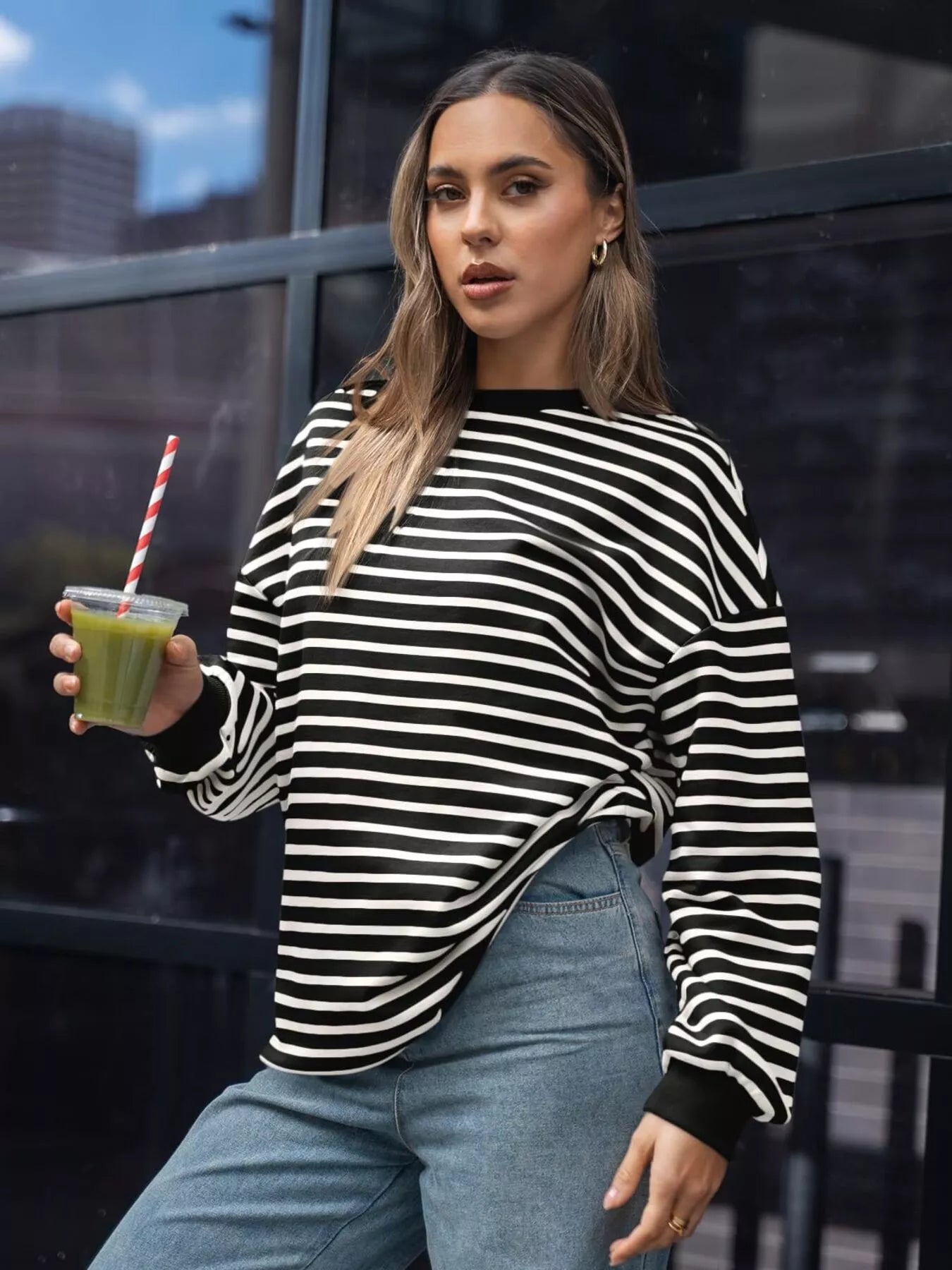 Striped Round Neck Oversized Casual Sweatshirt - Trendsi | Lola Mariee