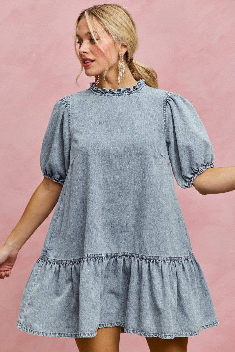 SO ME Denim Short Sleeves Mini Tiered Dress - Trendsi | Lola Mariee