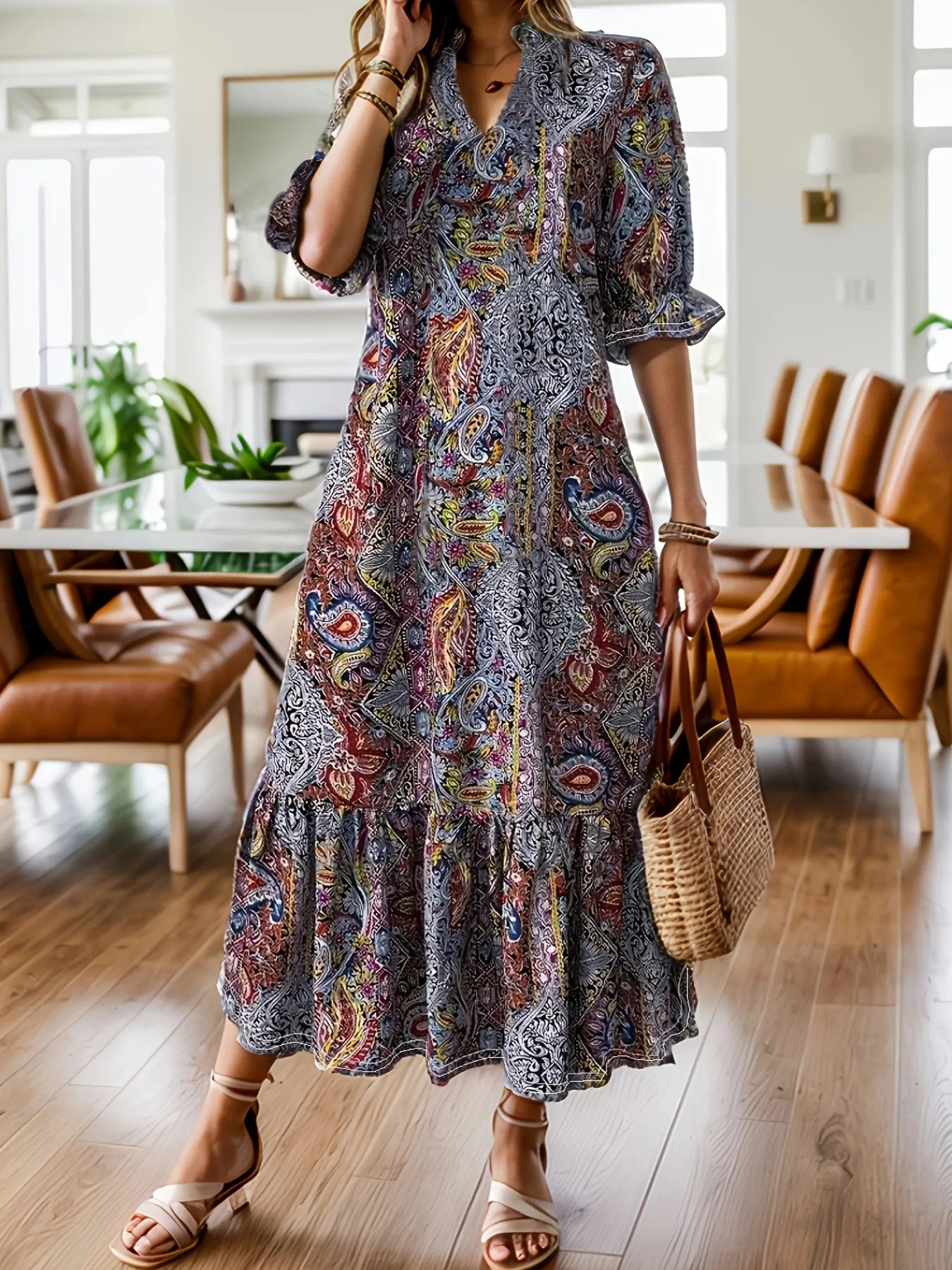 Full Size Bohemian Paisley Print Ruffle Hem Midi Dress Plus Size – view 4 | Lola Mariee