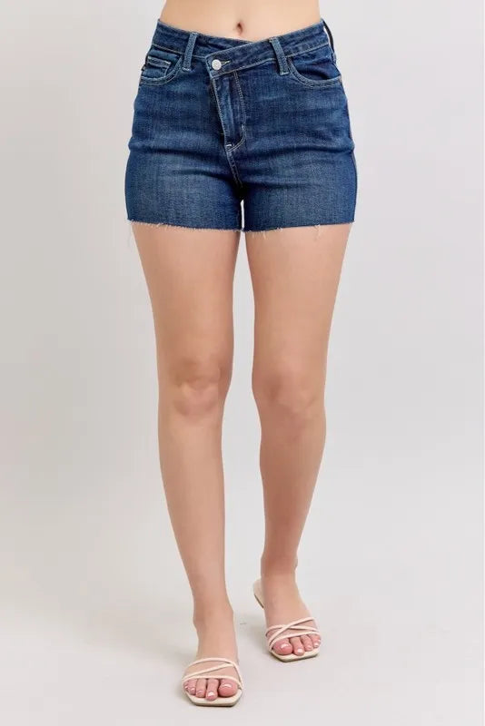 Judy Blue Full Size High Waist Criss-Cross Waistband Denim Shorts Plus Size - women's bottoms at Lola Mariee boutique