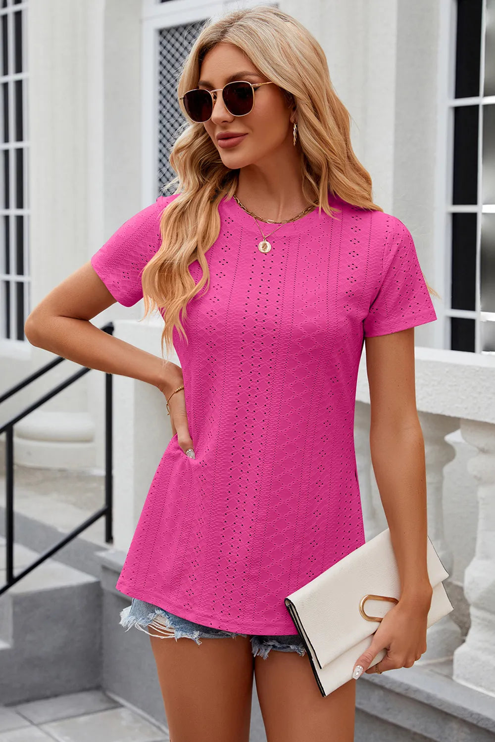 Eyelet Slit Round Neck Short Sleeve T-Shirt - Trendsi | Lola Mariee